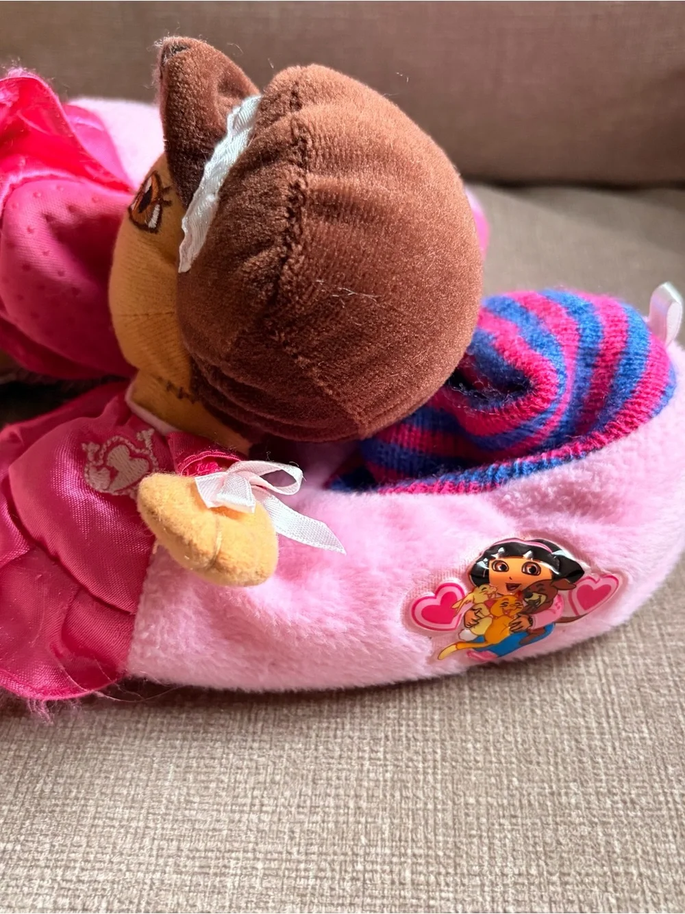 Vintage Y2K Girls Dora Pink Plush Slipper with Doll Accent